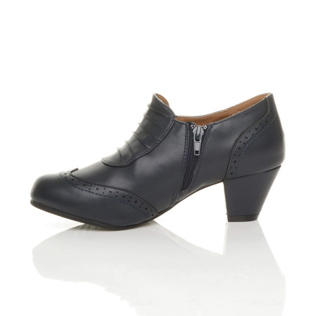 Left side view of Navy PU Mid Heel Buttons Brogue Ankle Boots Booties
