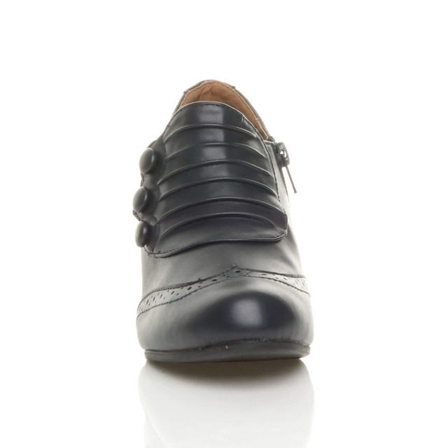 Front view of Navy PU Mid Heel Buttons Brogue Ankle Boots Booties