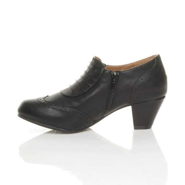 Left side view of Black PU Mid Heel Buttons Brogue Ankle Boots Booties