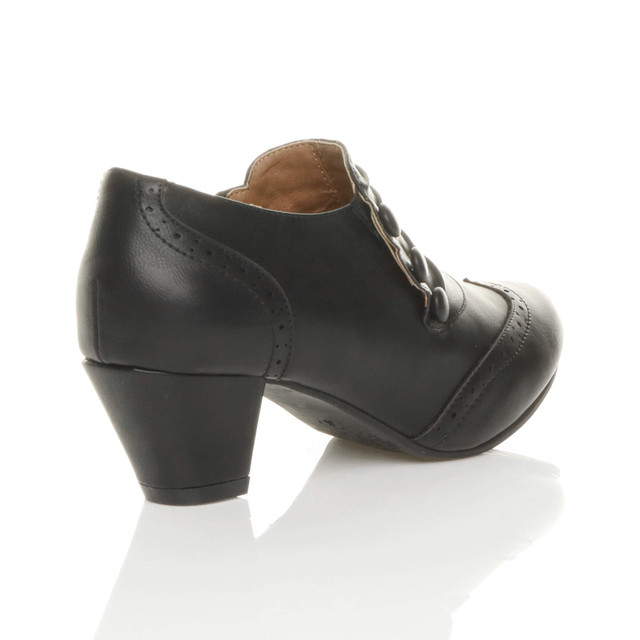 Back right side view of Black PU Mid Heel Buttons Brogue Ankle Boots Booties