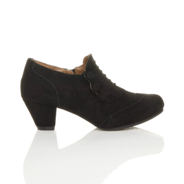 Right side view of Black Suede Mid Heel Buttons Brogue Ankle Boots Booties