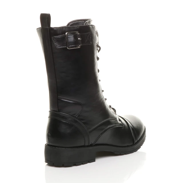 Back right side view of Black PU Low Heel Lace Up Zip Biker Army Military Combat Ankle Boots