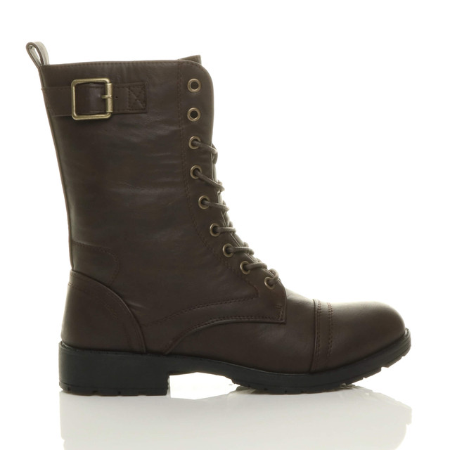 Right side view of Brown PU Low Heel Lace Up Zip Biker Army Military Combat Ankle Boots