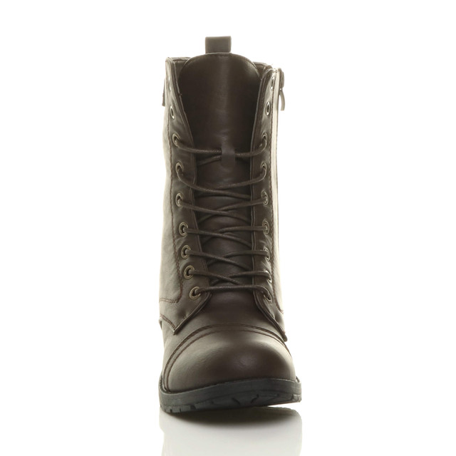 Front view of Brown PU Low Heel Lace Up Zip Biker Army Military Combat Ankle Boots