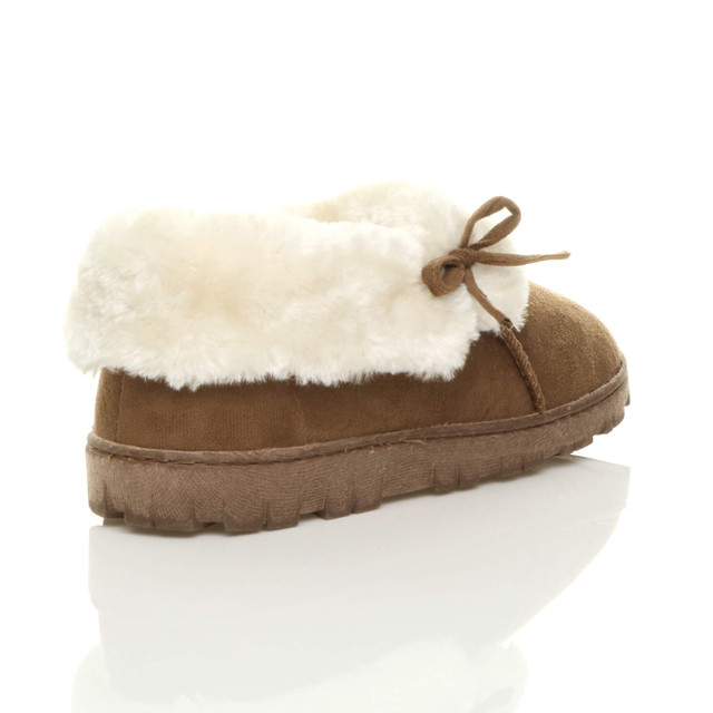 Back right side view of Chestnut Tan Suede Fur Lined Winter Luxury Ankle Boots Slipper Booties