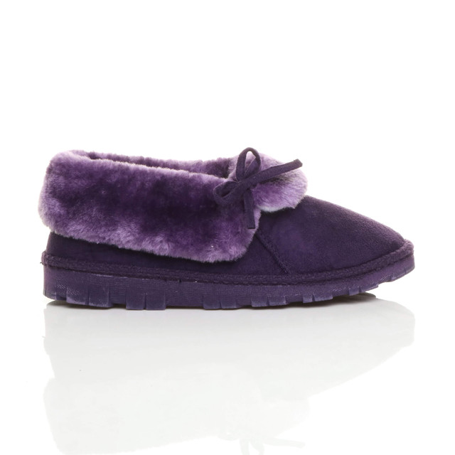 Right side view of Purple Suede Fur Lined Winter Luxury Ankle Boots Slipper Booties
