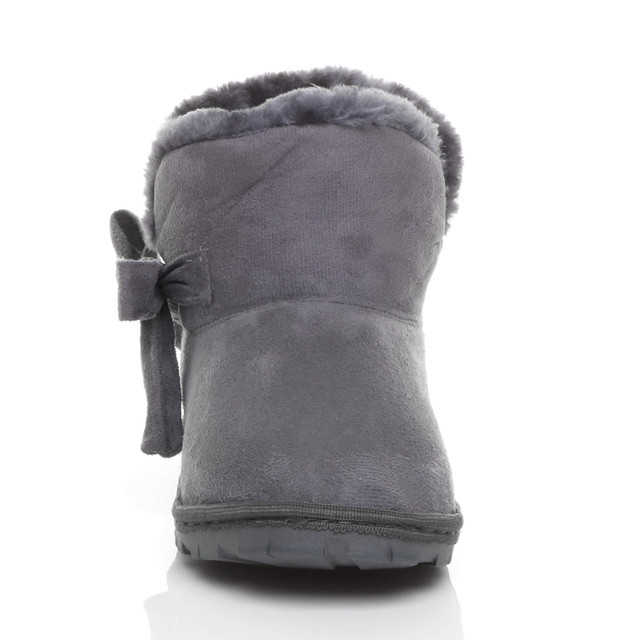 Front view of Grey Suede Flat Bow Fur Lined Ankle Boots Slippers Booties