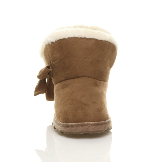Front view of Chestnut Suede Flat Bow Fur Lined Ankle Boots Slippers Booties