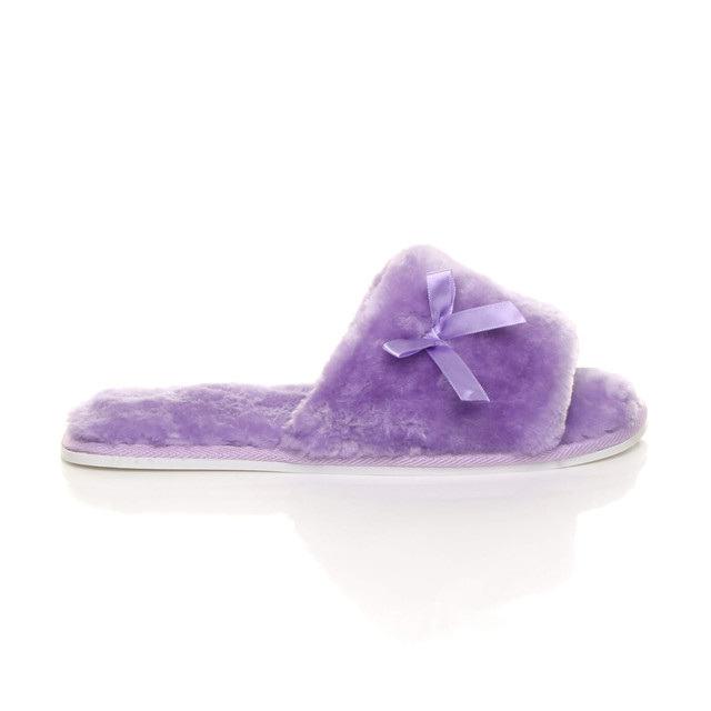 Right side view of Lilac Fur Flat Peep Toe Faux Fur Mules Slippers