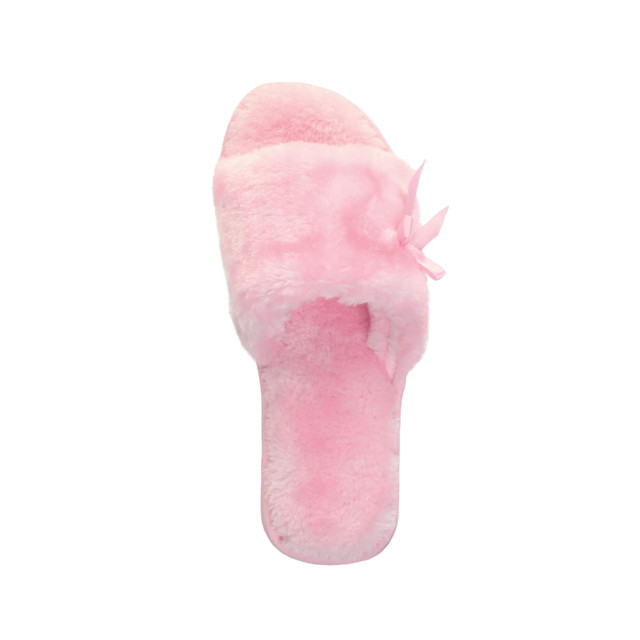 Top view of Pink Fur Flat Peep Toe Faux Fur Mules Slippers
