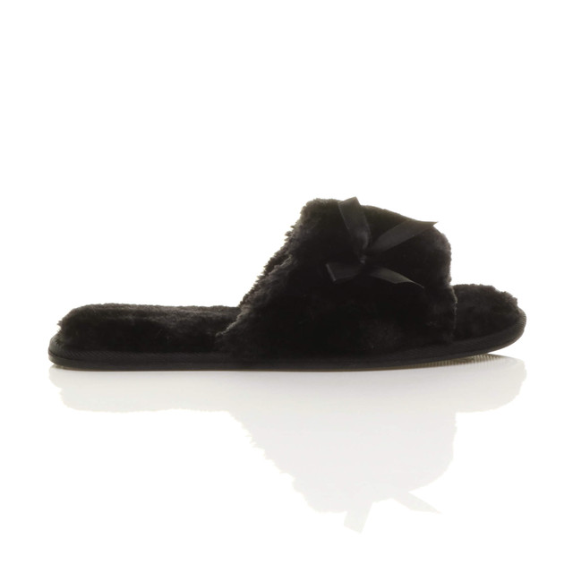 Right side view of Black Fur Flat Peep Toe Faux Fur Mules Slippers