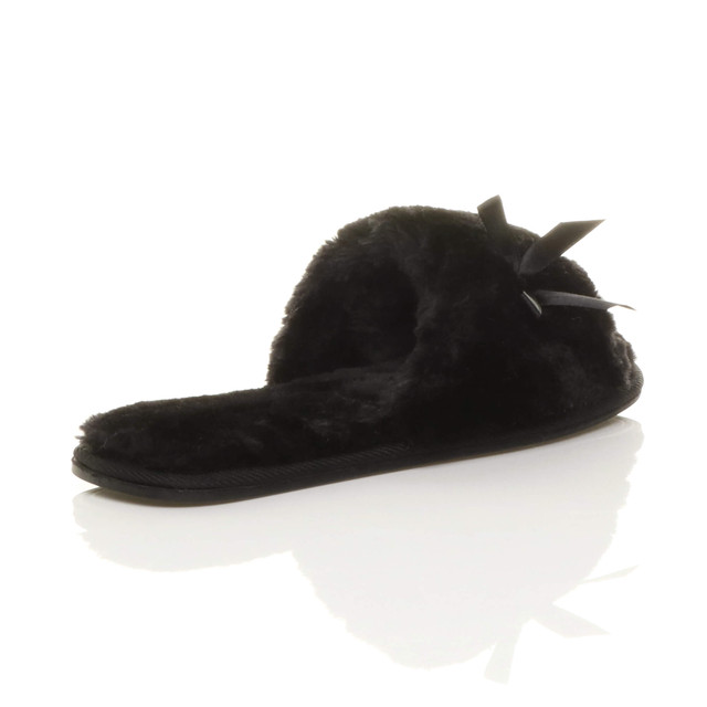 Back right side view of Black Fur Flat Peep Toe Faux Fur Mules Slippers