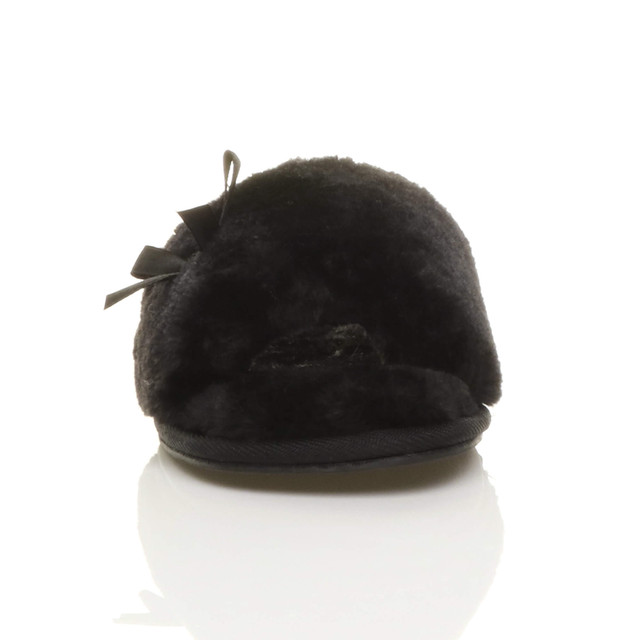 Front view of Black Fur Flat Peep Toe Faux Fur Mules Slippers