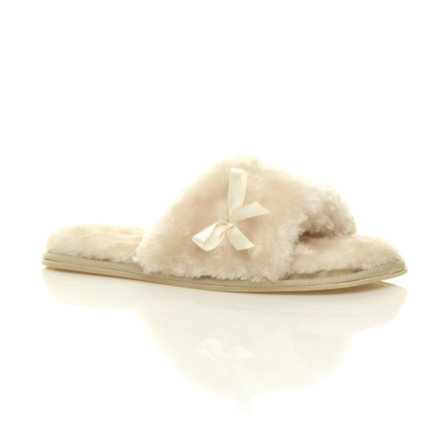 Front right side view of Beige Fur Flat Peep Toe Faux Fur Mules Slippers