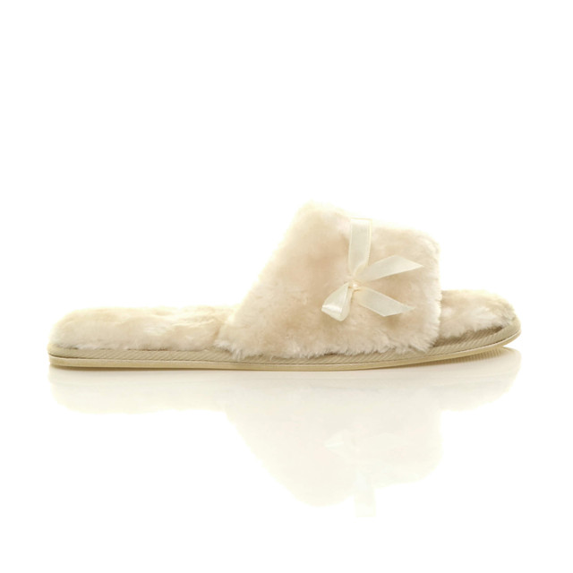 Right side view of Beige Fur Flat Peep Toe Faux Fur Mules Slippers