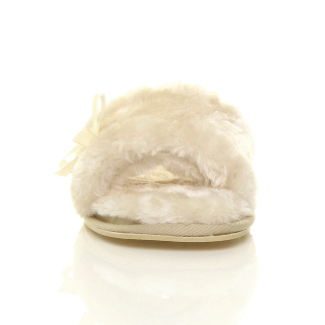 Front view of Beige Fur Flat Peep Toe Faux Fur Mules Slippers