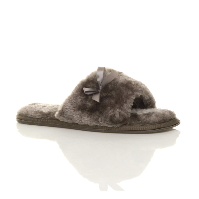 Front right side view of Mocha Fur Flat Peep Toe Faux Fur Mules Slippers
