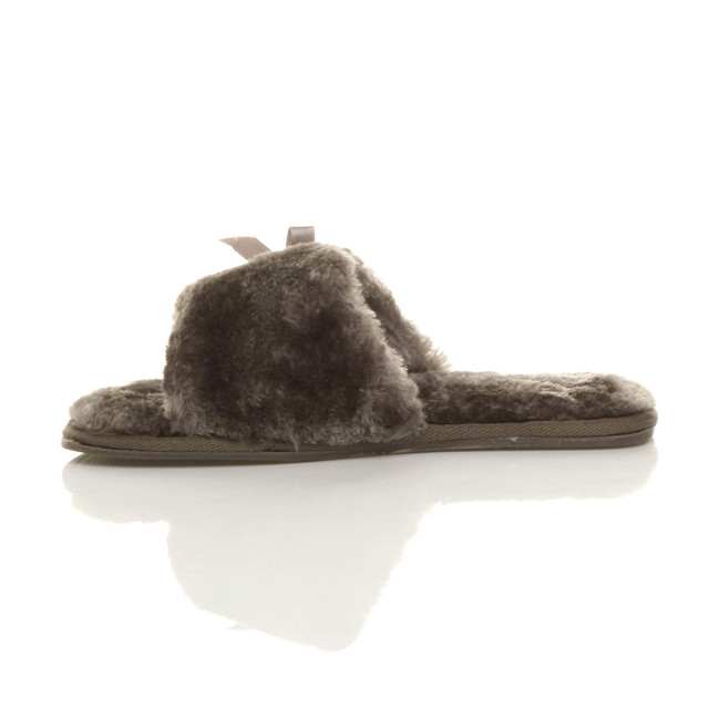 Left side view of Mocha Fur Flat Peep Toe Faux Fur Mules Slippers