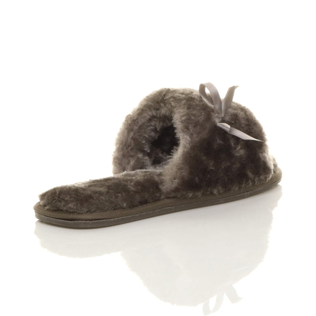 Back right side view of Mocha Fur Flat Peep Toe Faux Fur Mules Slippers
