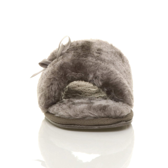 Front view of Mocha Fur Flat Peep Toe Faux Fur Mules Slippers
