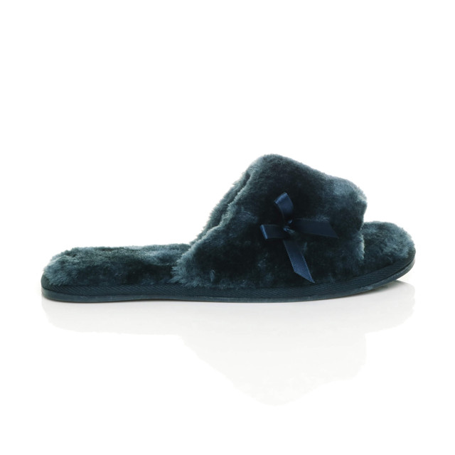 Right side view of Navy Fur Flat Peep Toe Faux Fur Mules Slippers