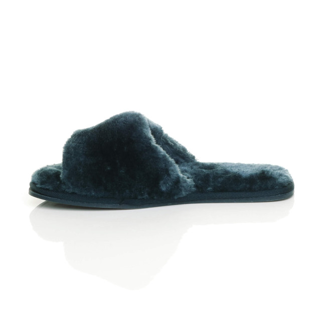Left side view of Navy Fur Flat Peep Toe Faux Fur Mules Slippers