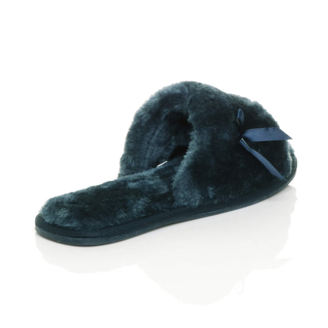 Back right side view of Navy Fur Flat Peep Toe Faux Fur Mules Slippers