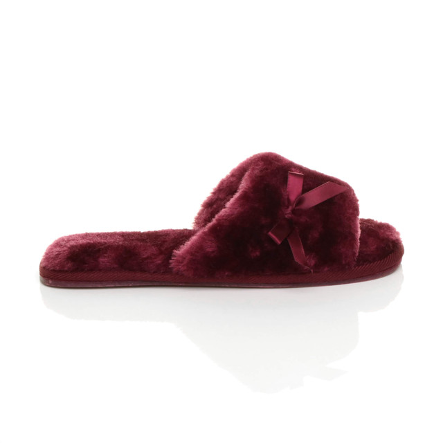 Right side view of Burgundy Fur Flat Peep Toe Faux Fur Mules Slippers