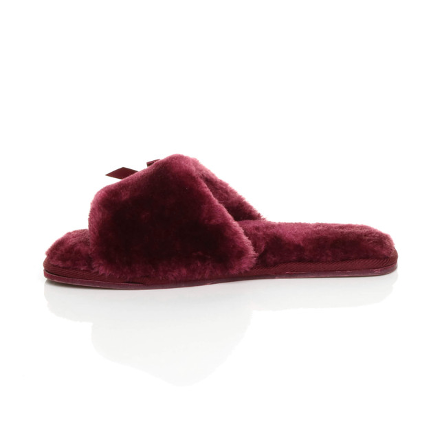 Left side view of Burgundy Fur Flat Peep Toe Faux Fur Mules Slippers