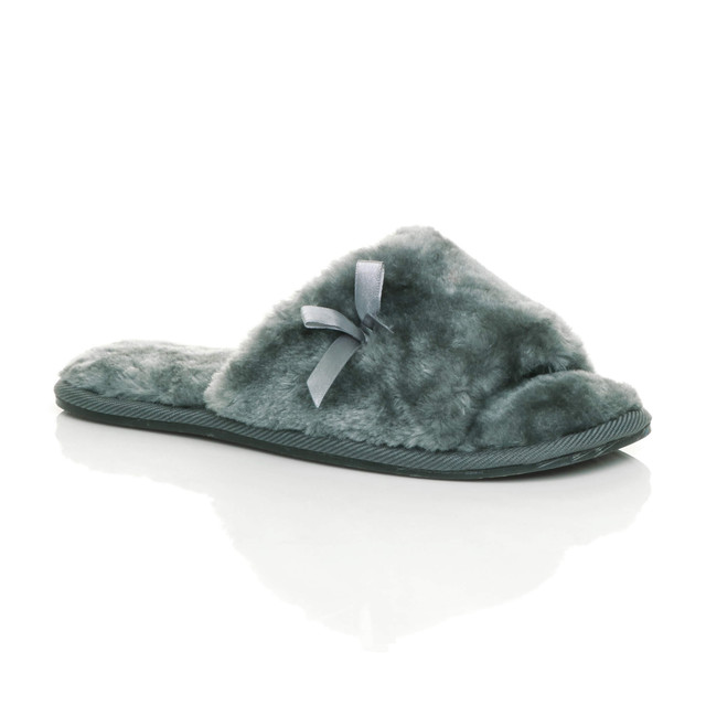 Front right side view of Grey Fur Flat Peep Toe Faux Fur Mules Slippers