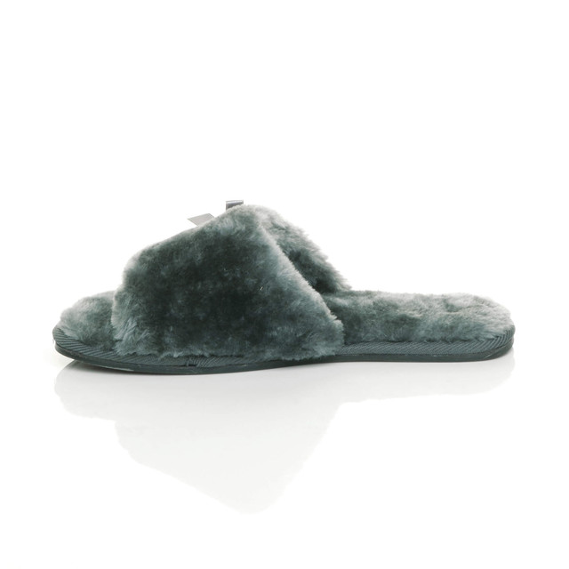 Left side view of Grey Fur Flat Peep Toe Faux Fur Mules Slippers