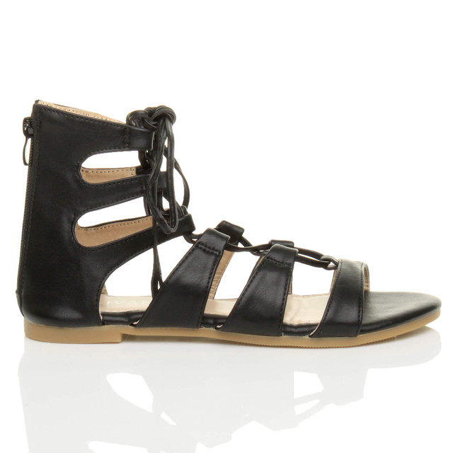Right side view of Black PU Flat Lace Up Ghillie Tie Up Sandals