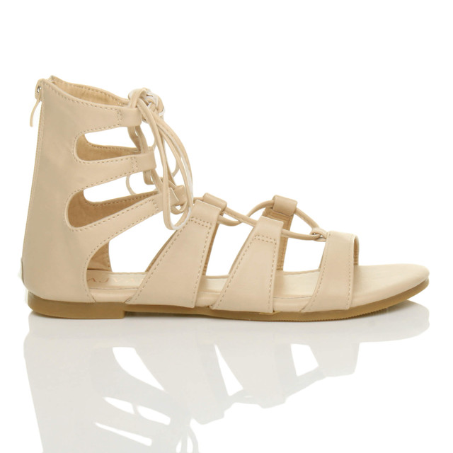 Right side view of Nude PU Flat Lace Up Ghillie Tie Up Sandals