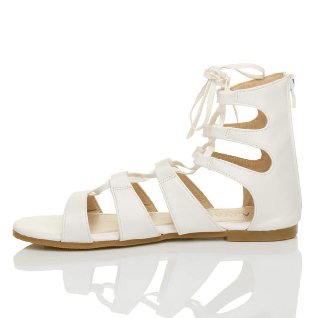 Left side view of White PU Flat Lace Up Ghillie Tie Up Sandals