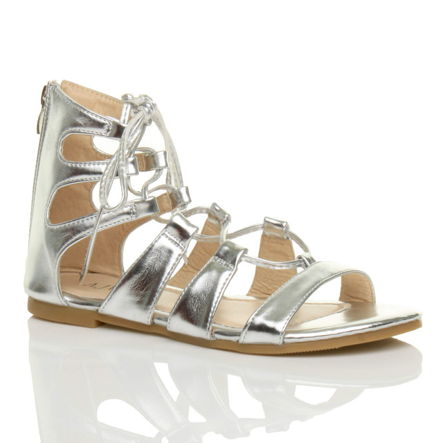 Front right side view of Silver PU Flat Lace Up Ghillie Tie Up Sandals