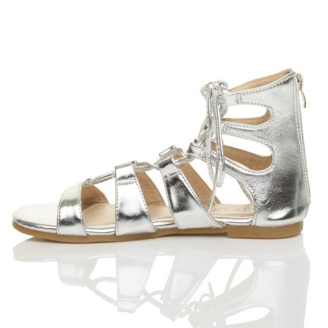 Left side view of Silver PU Flat Lace Up Ghillie Tie Up Sandals