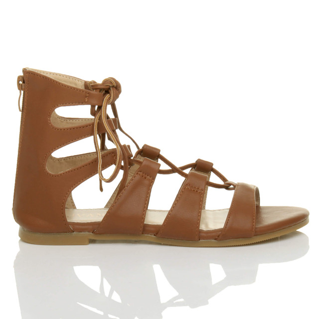 Right side view of Tan PU Flat Lace Up Ghillie Tie Up Sandals