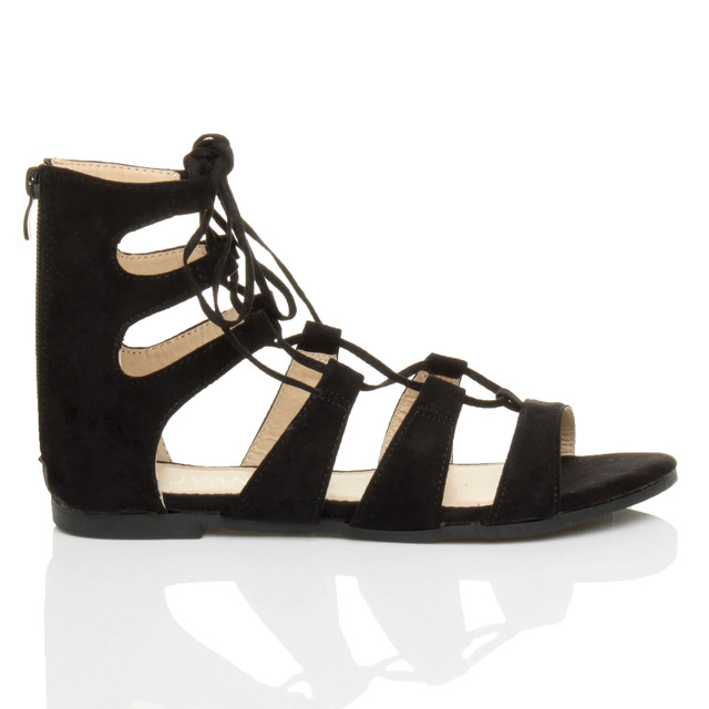 Right side view of Black Suede Flat Lace Up Ghillie Tie Up Sandals
