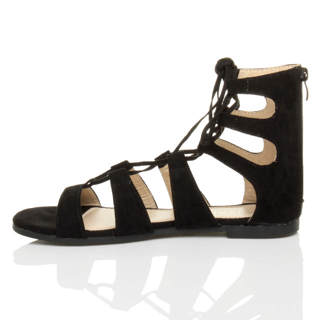 Left side view of Black Suede Flat Lace Up Ghillie Tie Up Sandals