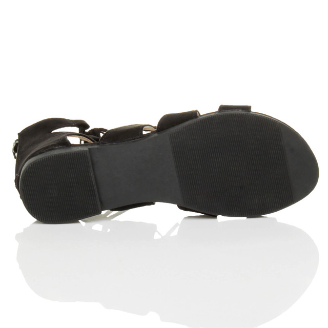 Bottom view of the sole of Black Suede Flat Lace Up Ghillie Tie Up Sandals