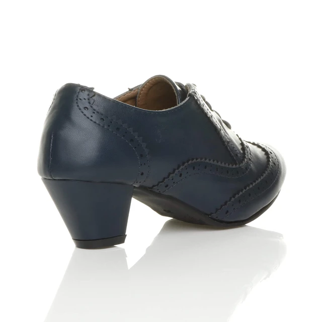 Back right side view of Navy PU Mid Heel Brogue Shoe Boots