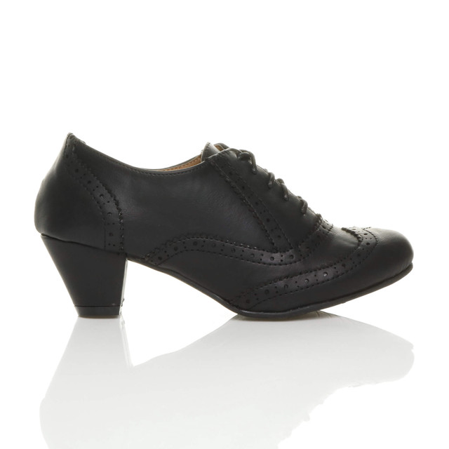 Right side view of Black PU Mid Heel Brogue Shoe Boots