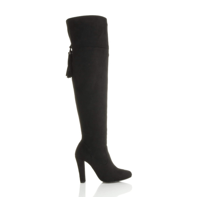 Right side view of Black Suede High Heel Tassel Over The Knee Boots