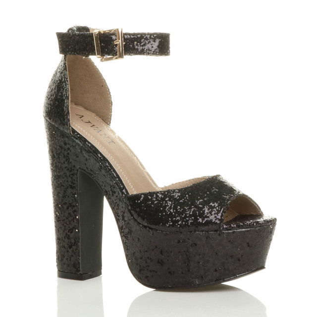 Front right side view of Black Glitter High Block Heel Platform Ankle Strap Sandals