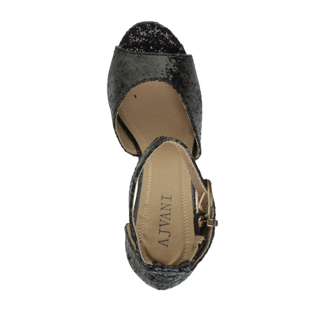 Top view of Black Glitter High Block Heel Platform Ankle Strap Sandals