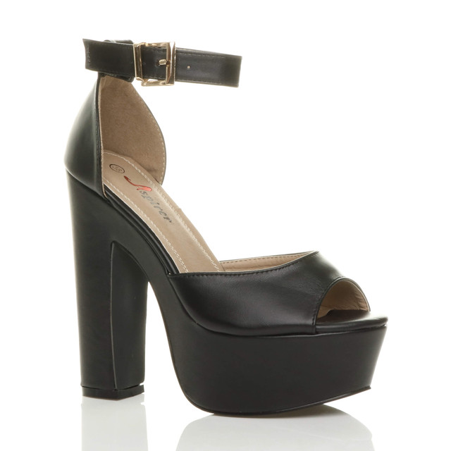 Front right side view of Black PU High Block Heel Platform Ankle Strap Sandals