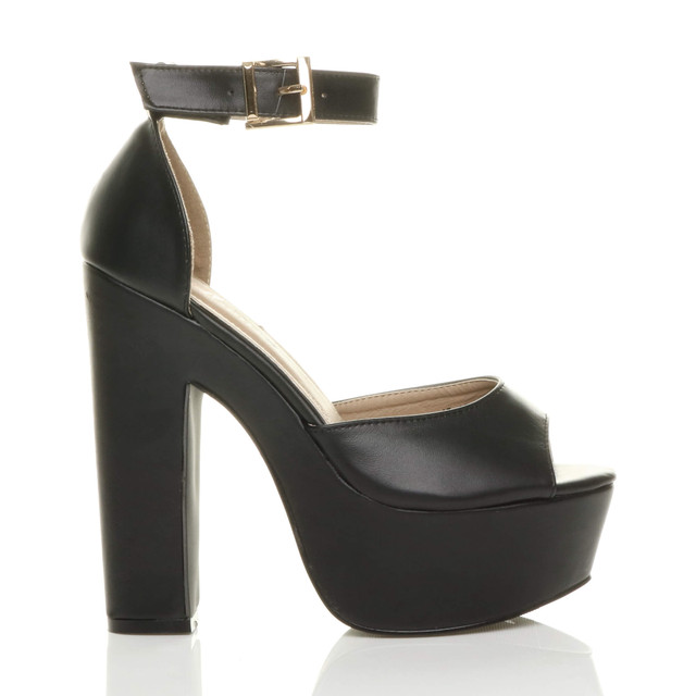 Right side view of Black PU High Block Heel Platform Ankle Strap Sandals