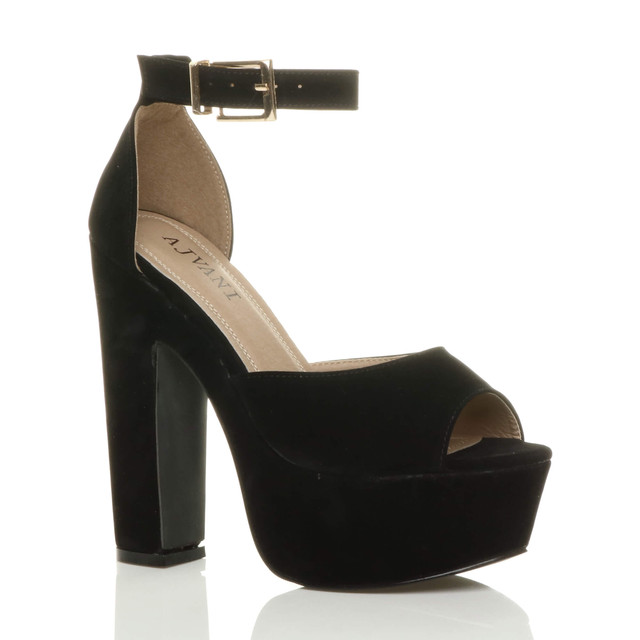 Front right side view of Black Suede High Block Heel Platform Ankle Strap Sandals