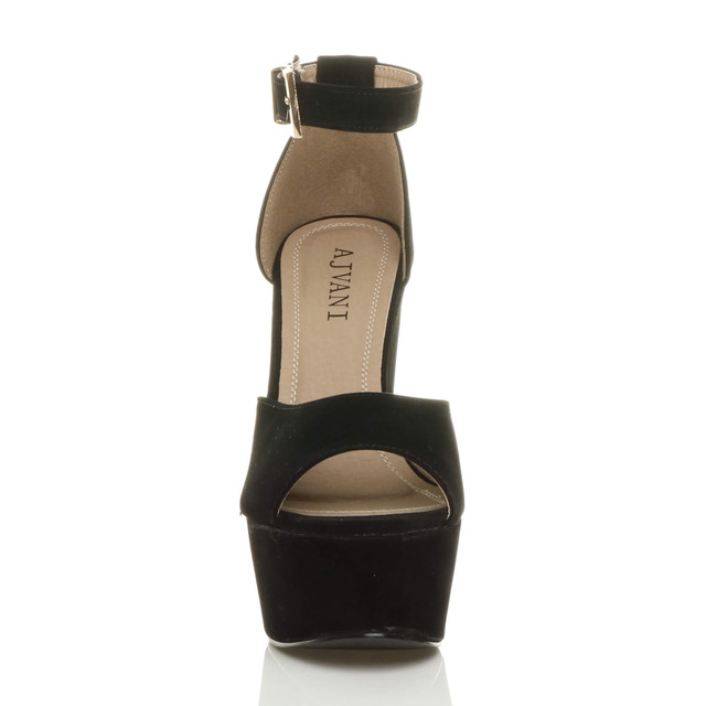 Front view of Black Suede High Block Heel Platform Ankle Strap Sandals