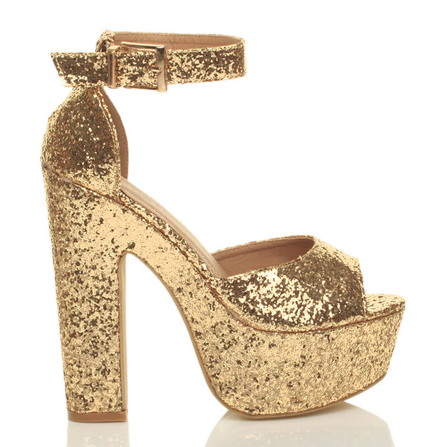Right side view of Gold Glitter High Block Heel Platform Ankle Strap Sandals